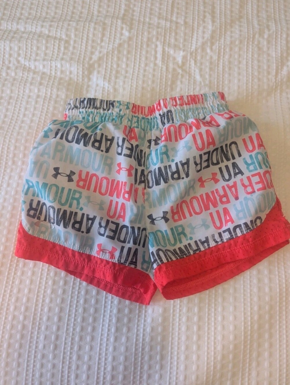 Under Armour Girls White Athletic Shorts with Coral and Teal Print